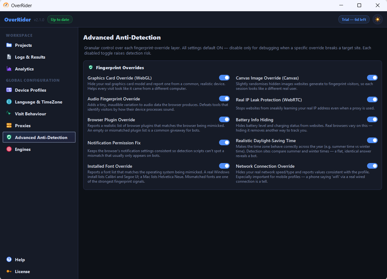 Advanced Anti-Detection panel showing the ten fingerprint override toggles