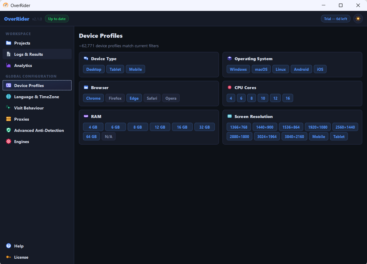 Device Profiles panel with filter categories and a live count of matching profiles