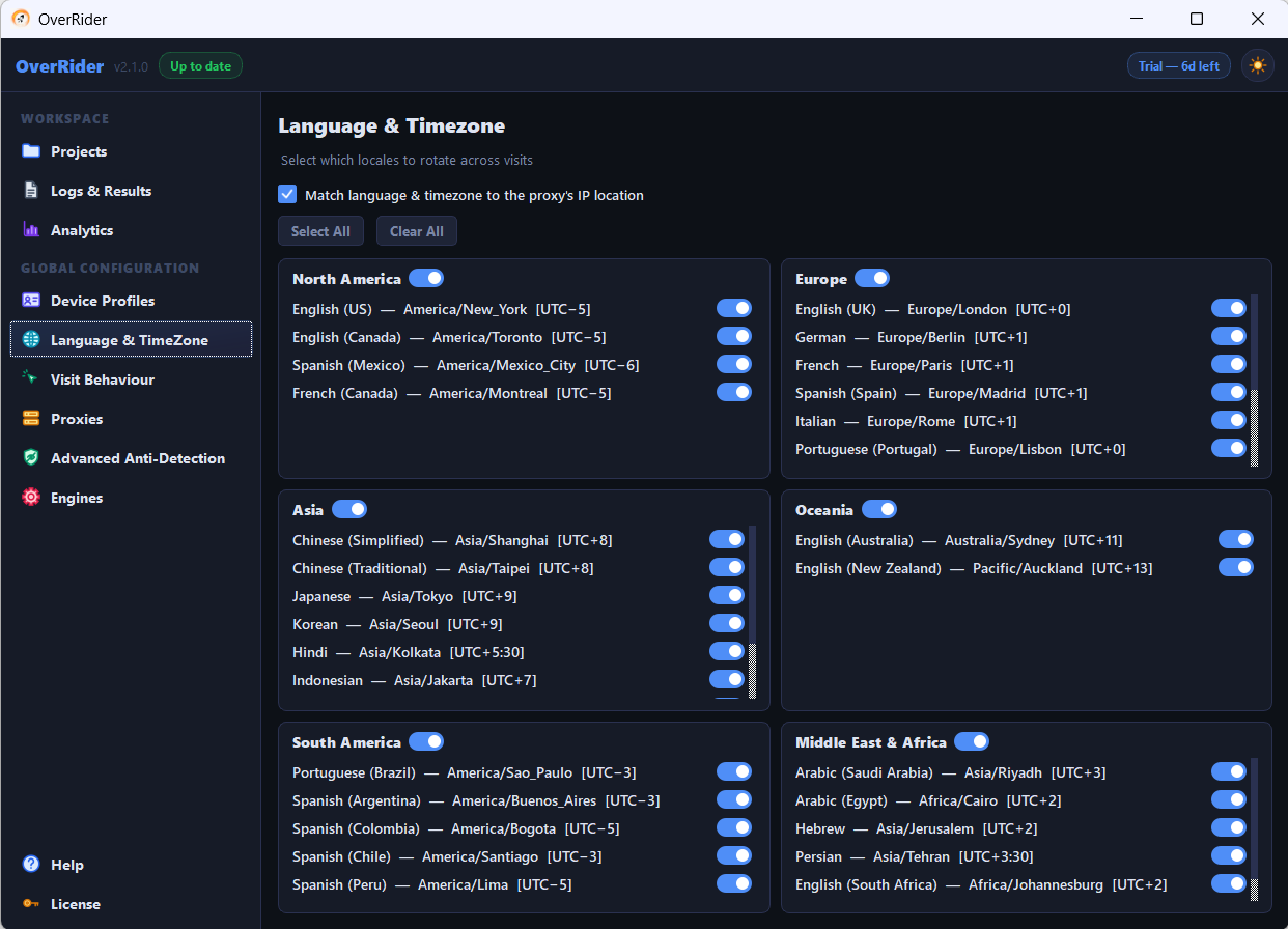 Language and Timezone panel with regions, Select All and Clear All buttons, and the geo-match toggle