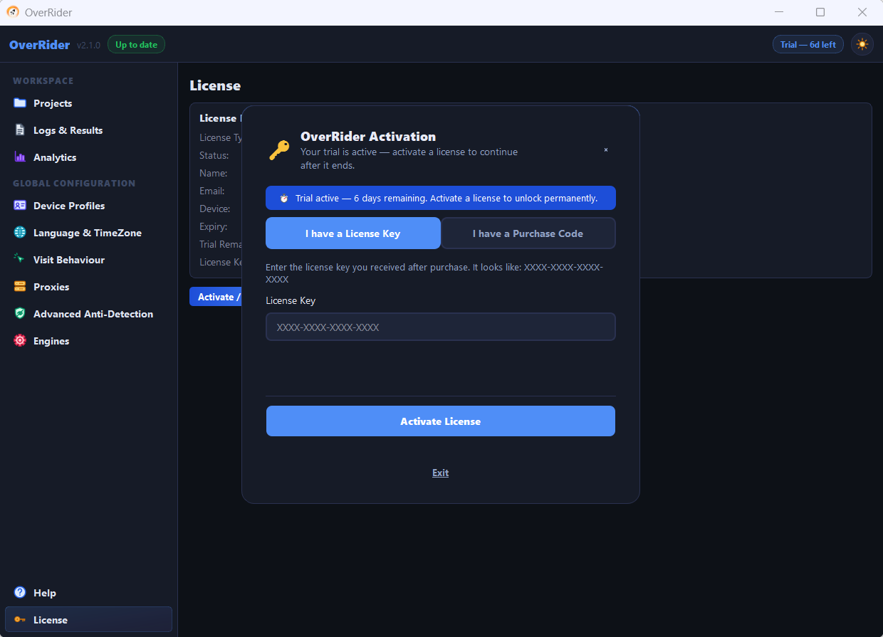 OverRider license activation dialog showing the purchase code and license key options