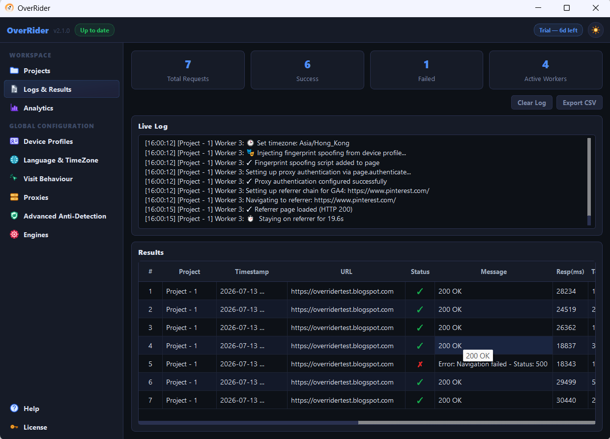 OverRider Logs and Results panel with live stat cards, streaming log and results table