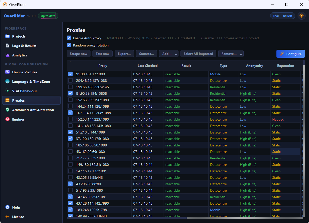 Proxies panel with live statistics, action buttons and the proxy table
