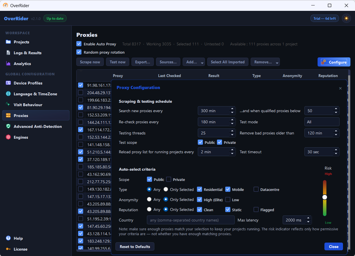 Proxy Configuration dialog showing scraping and testing schedule, auto-select criteria and risk meter