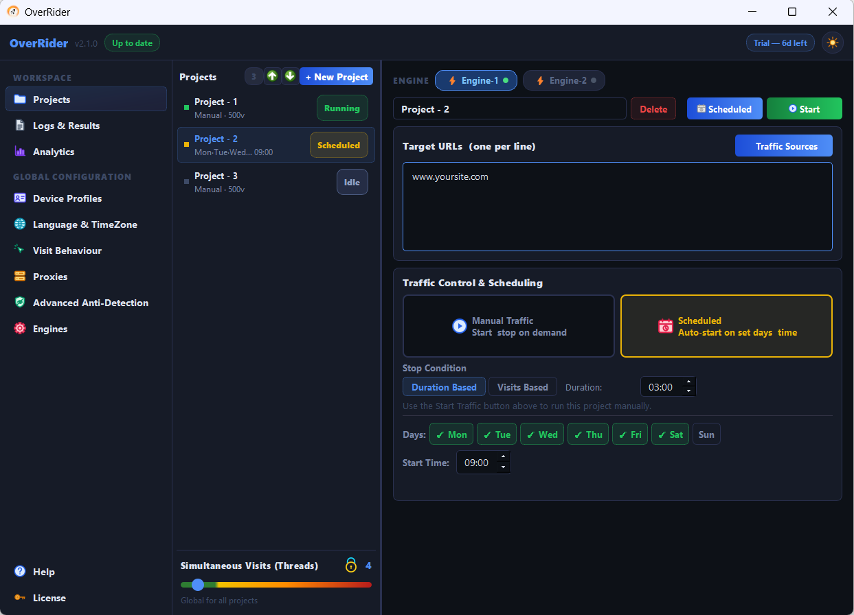 Scheduling section with days of the week selected and a start time configured
