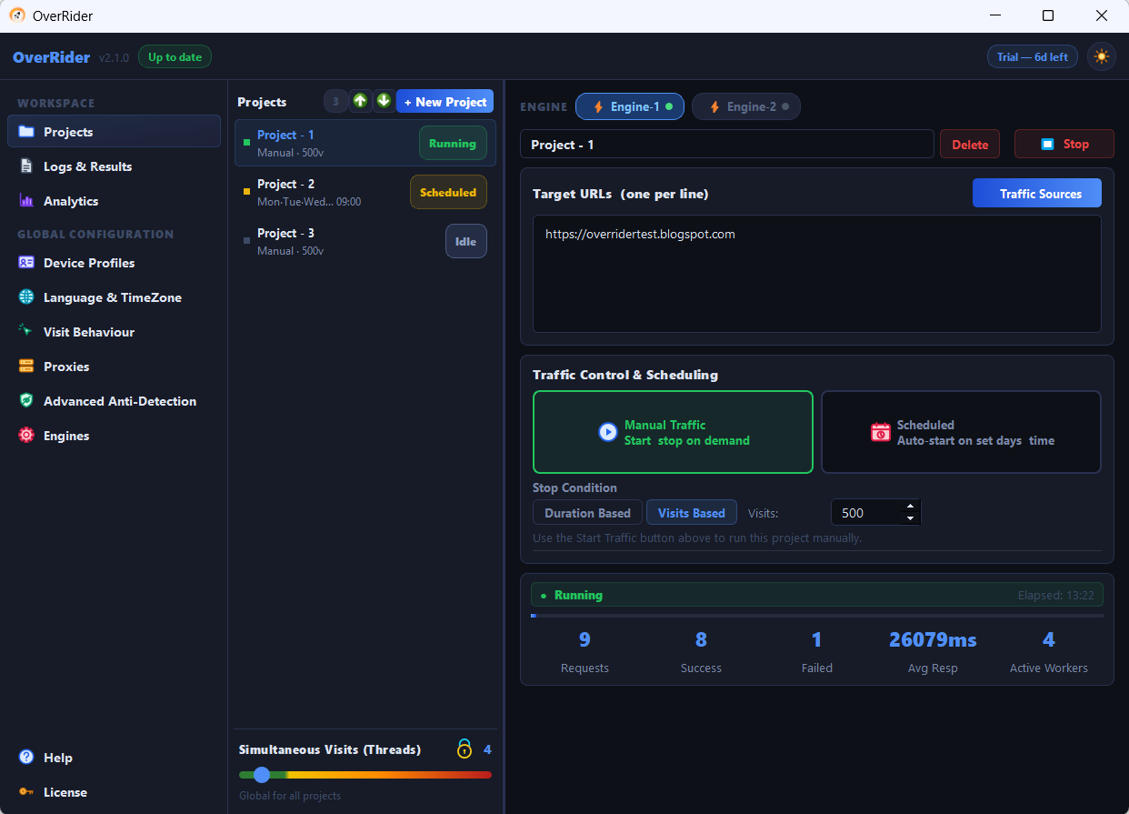 Project detail panel showing the Stop Condition section with Duration Based and Visits Based options