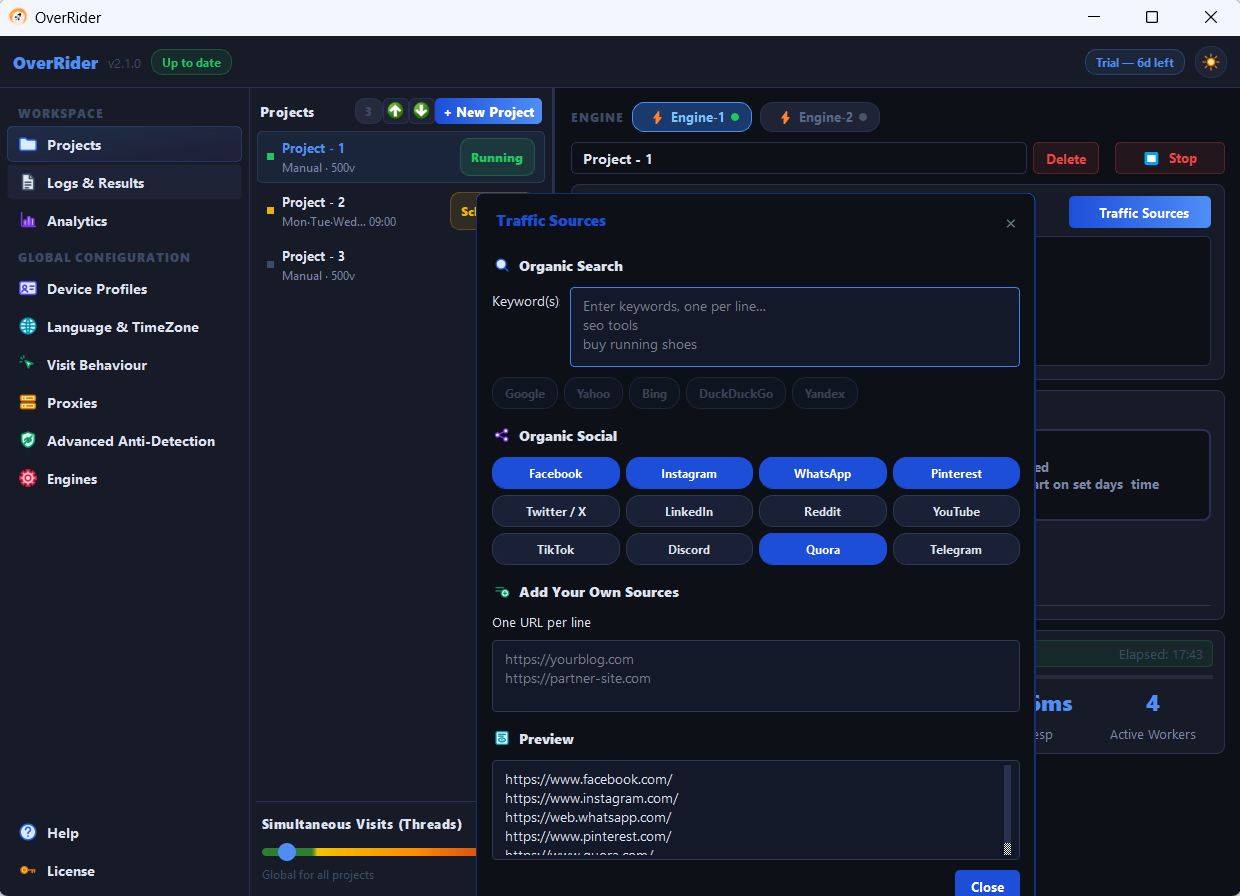 Traffic Sources dialog with Organic Search keywords, search engine chips and Organic Social platform buttons