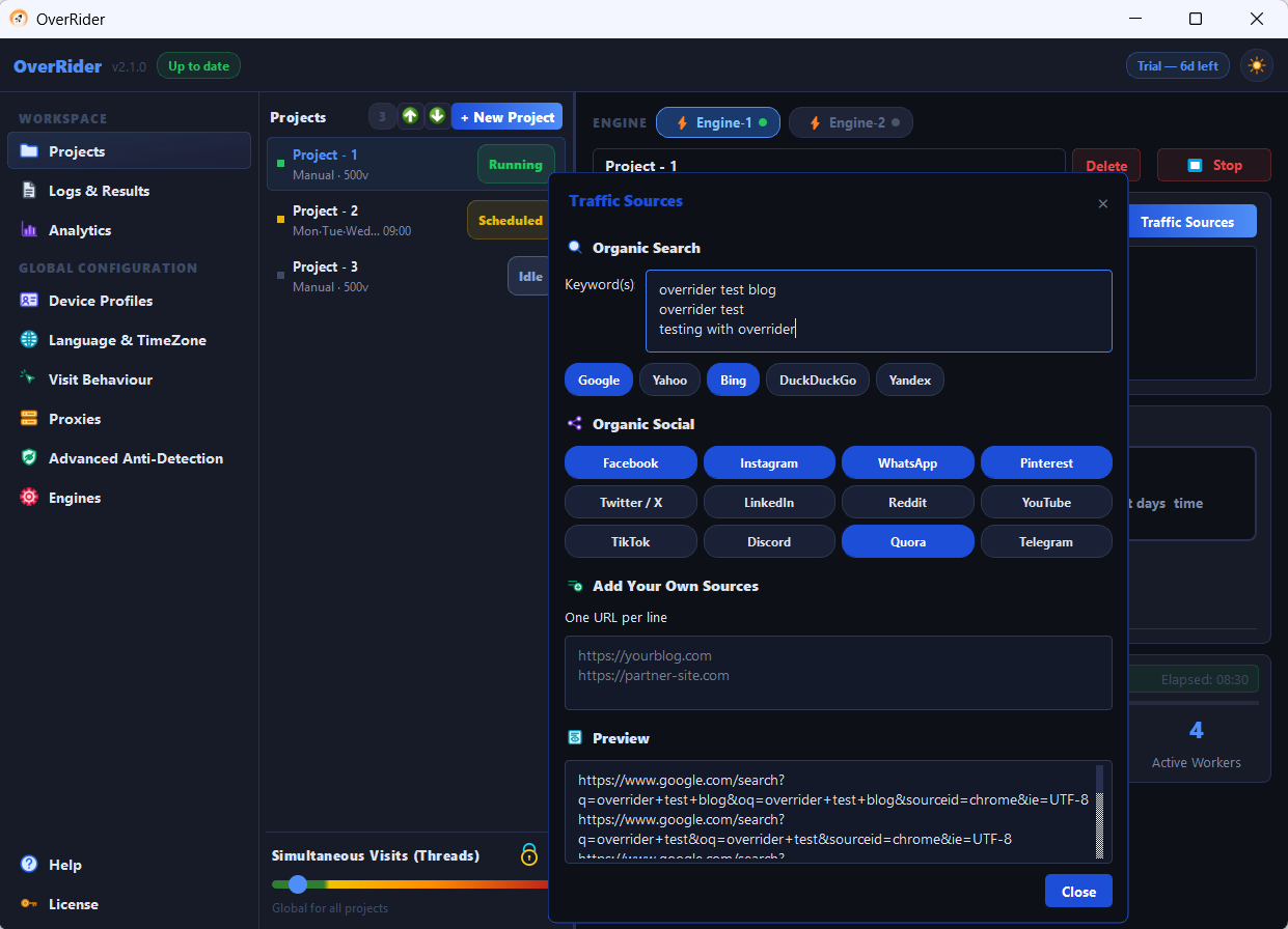 Traffic Sources dialog with multiple keywords entered and search engine chips selected