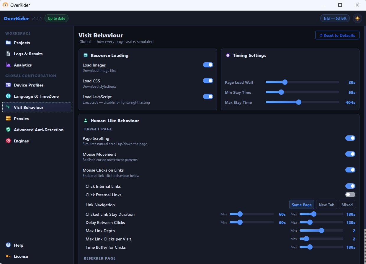 Visit Behaviour panel showing Resource Loading toggles, Timing sliders, Human-Like Behaviour and Link Click options
