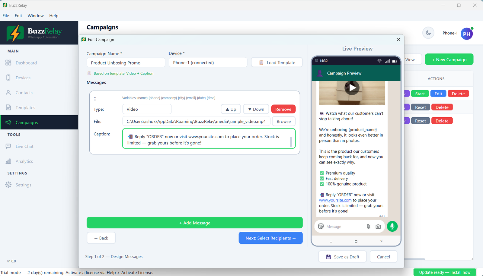 BuzzRelay campaign creation screen — create a WhatsApp bulk campaign in a few clicks
